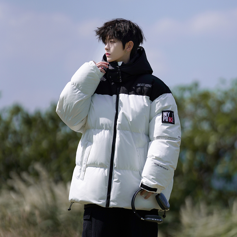 New winter clothing with contrasting color label printing loose large size Hong Kong style hooded cotton coat for men and women