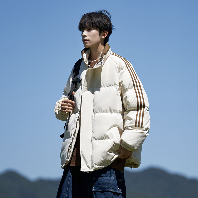Hong Kong style stand collar striped cotton jacket for men winter warm thickened bread casual jacket