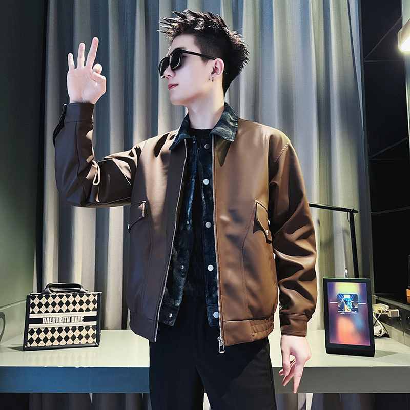 Social boy leather jacket fake two-piece jacket shop owner trendy top coffee 1
