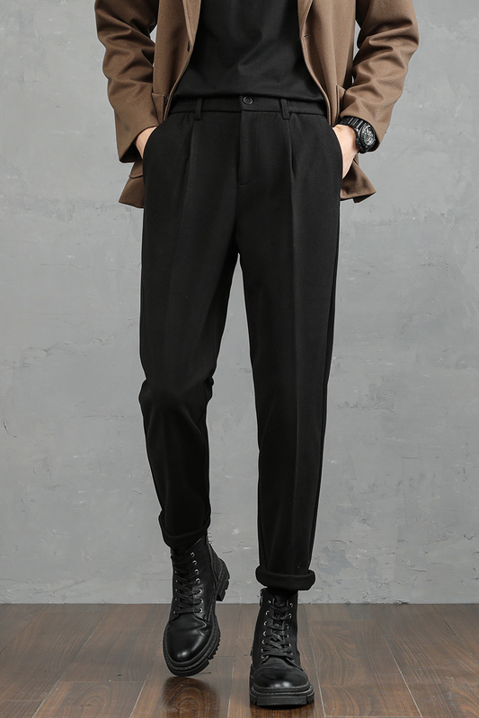 Winter velvet thickened light luxury woolen pants men's fashion Korean style casual warm trousers