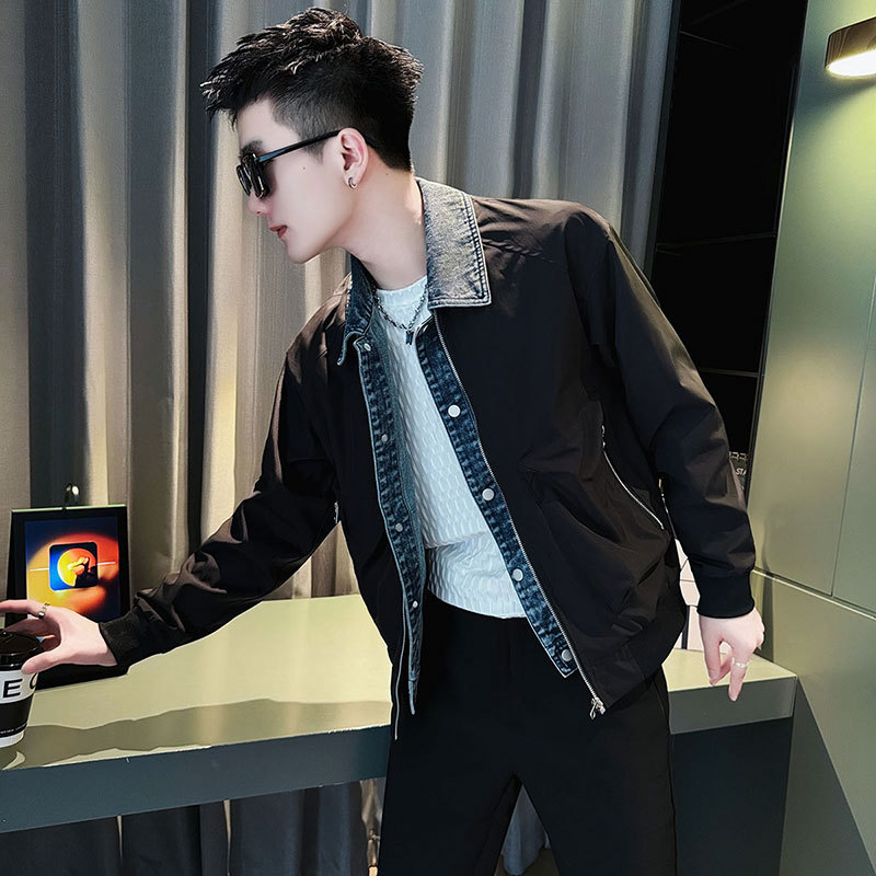 Autumn social boy trendy shopkeeper style fake two-piece jacket men's coat black 2