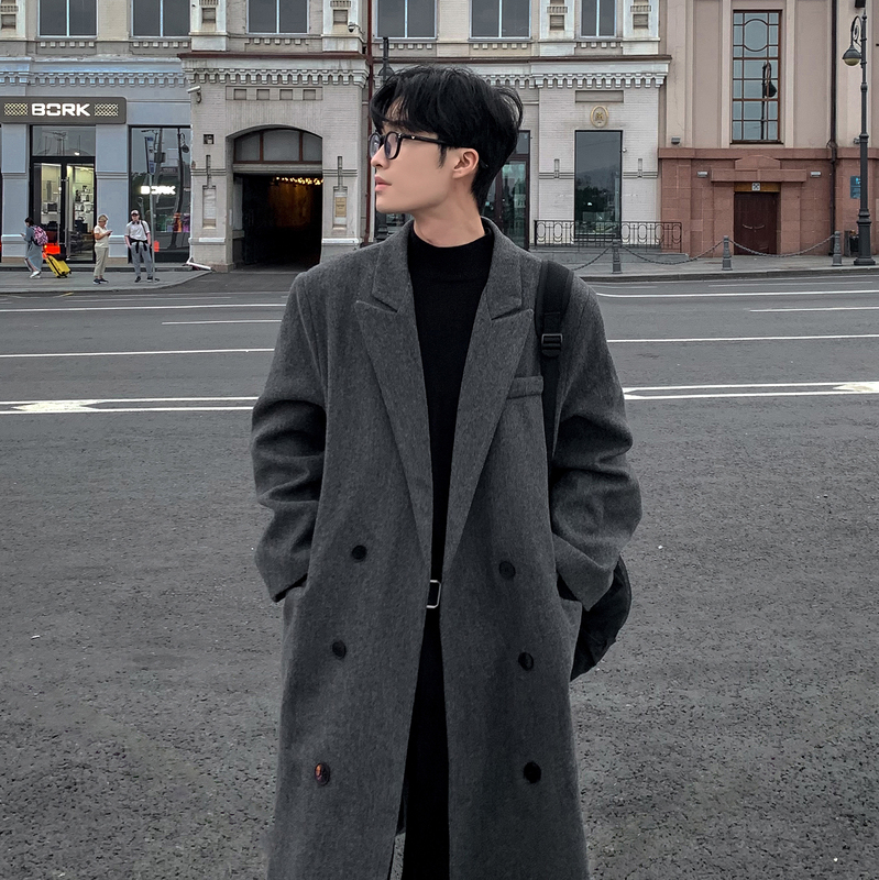 Woolen coat men's mid-length Korean style loose versatile versatile trendy woolen British style coat