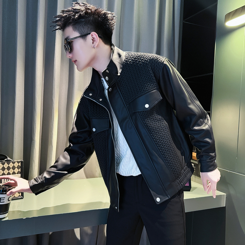 JK175-P128 Control 168 Autumn and Winter Shopkeeper Style Social Guy Fashionable Men's Leather Jacket Black 2