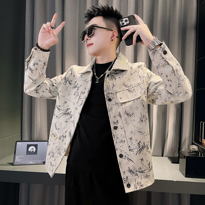 Autumn coat men's fashion trend printed woolen lapel jacket men's tops