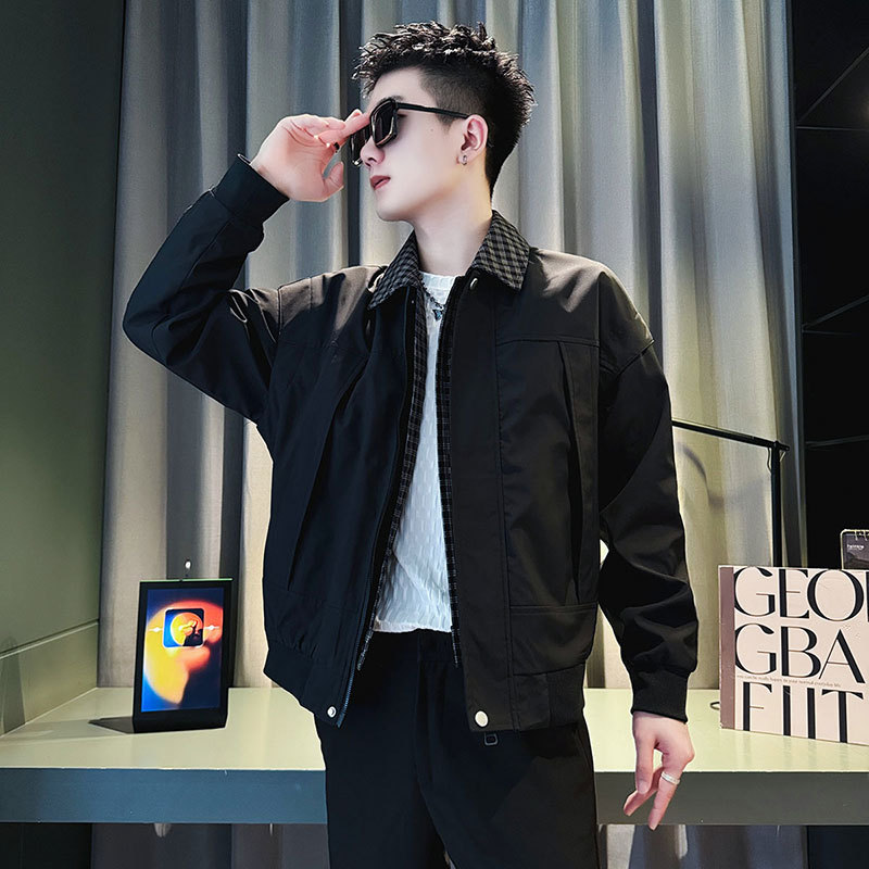 Autumn social boy trendy shopkeeper style fake two-piece jacket men's coat black 1