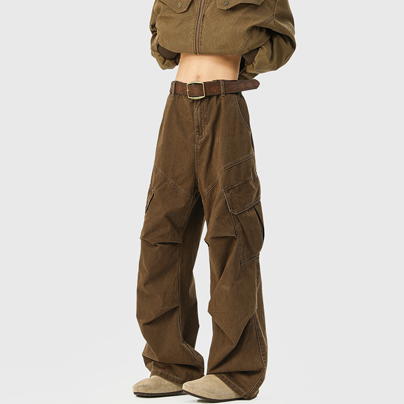 American retro washed pleated overalls men's autumn and winter trendy brand vibe high street loose wide-leg casual long pants