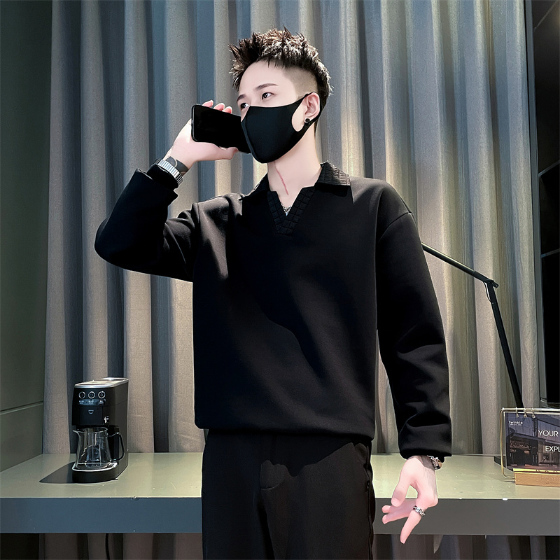 Men's Lapel Sweatshirt Trendy Brand Contrast Color Long Sleeve T-Shirt Handsome Heavy Men's Top Spring and Autumn