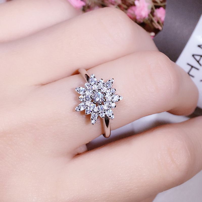 S925 silver diamond snowflake open ring for women, fashionable Korean version, fresh and generous, versatile flower adjustable ring