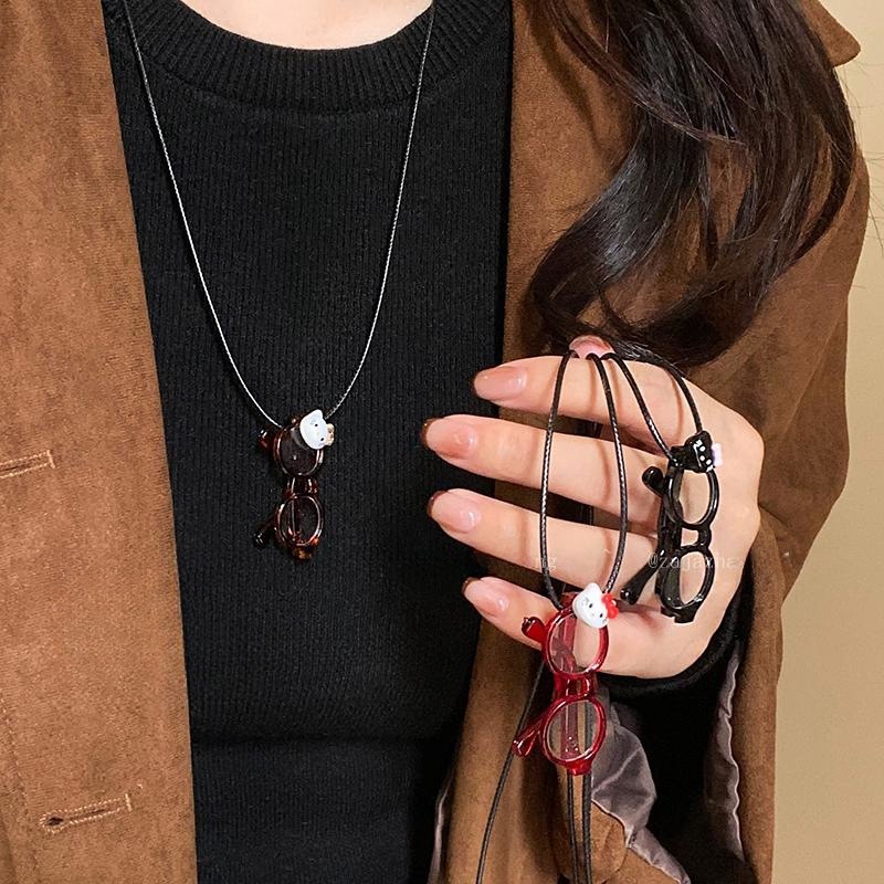 Cat glasses leather lace-up sweater necklace women's autumn and winter long temperament halter neck accessories unique creative sweatshirt chain