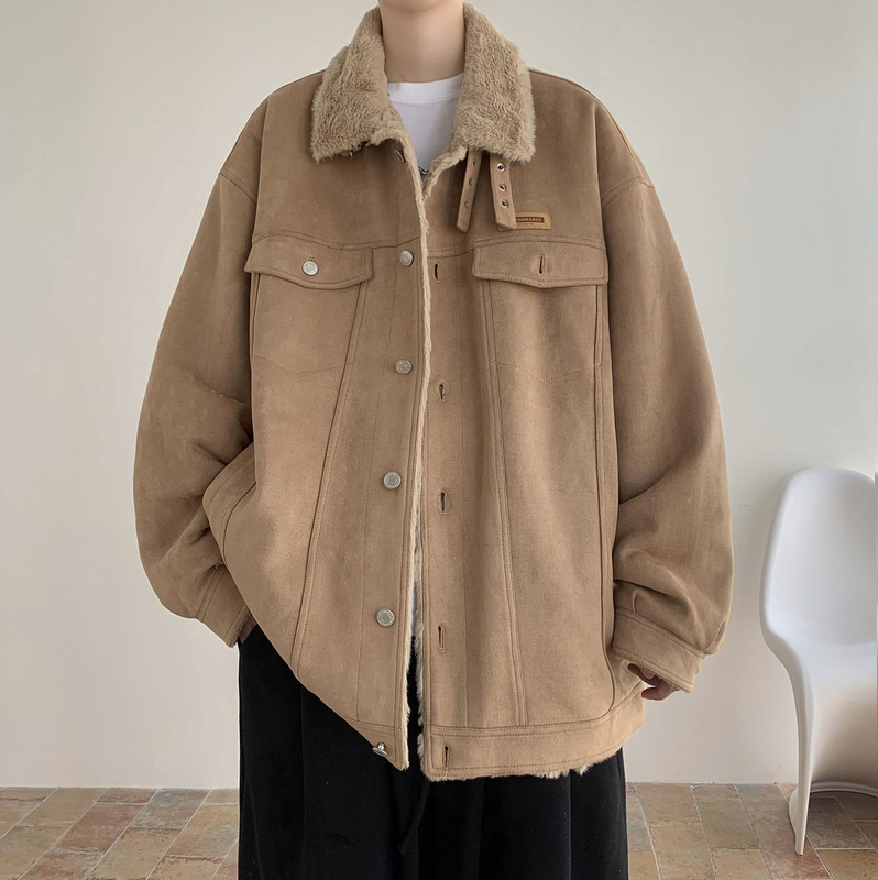 Lamb wool jacket men's winter American retro trendy brand loose plus velvet thickened lapel suede cotton jacket