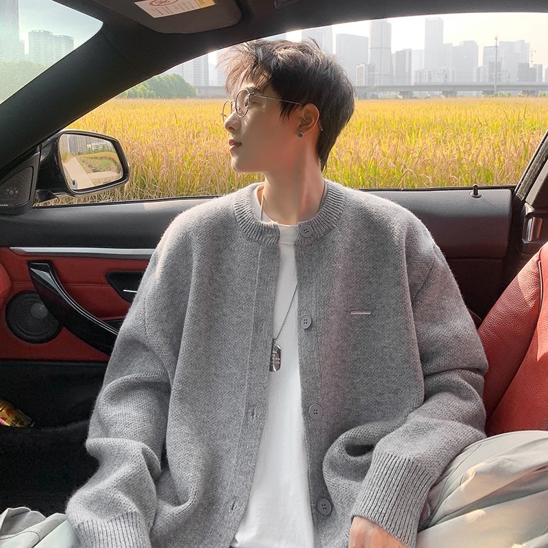 High-end heavy cardigan sweater men's autumn and winter coat American retro baseball collar sweater