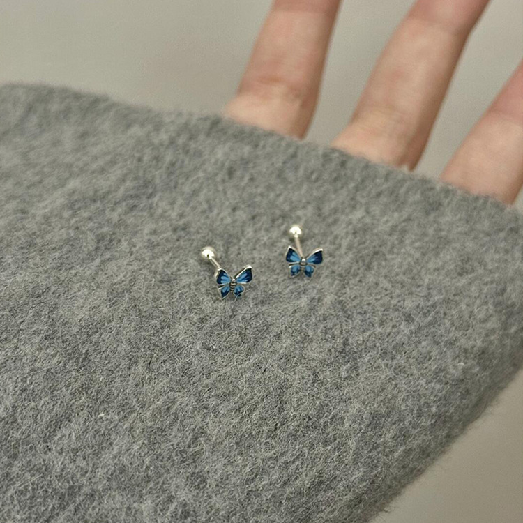 "Glowing Dream Butterfly" niche design blue bow earrings for women, high-end temperament mini dripping glaze earrings