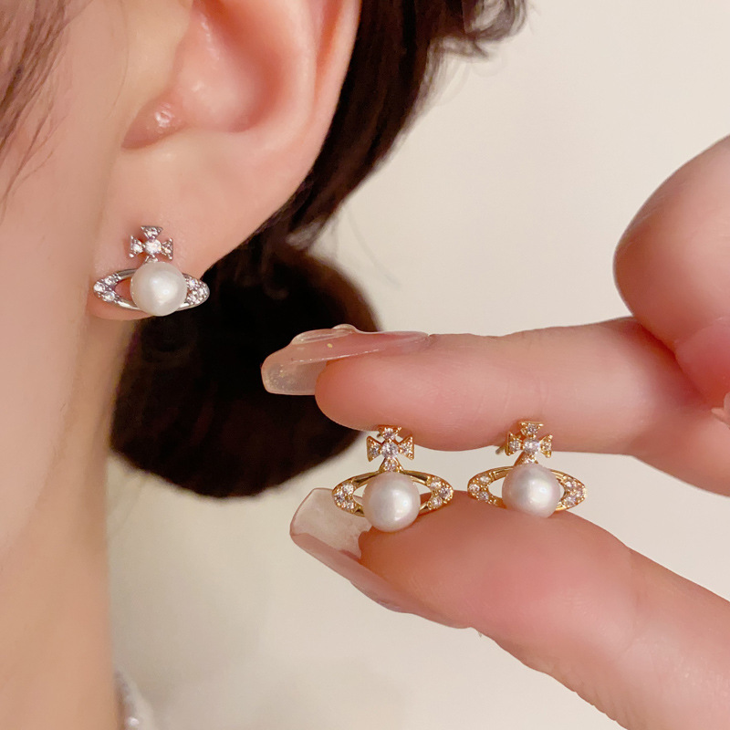 s925 silver needle micro-paved zircon pearl Saturn earrings exquisite small simple earrings temperament light luxury versatile earrings