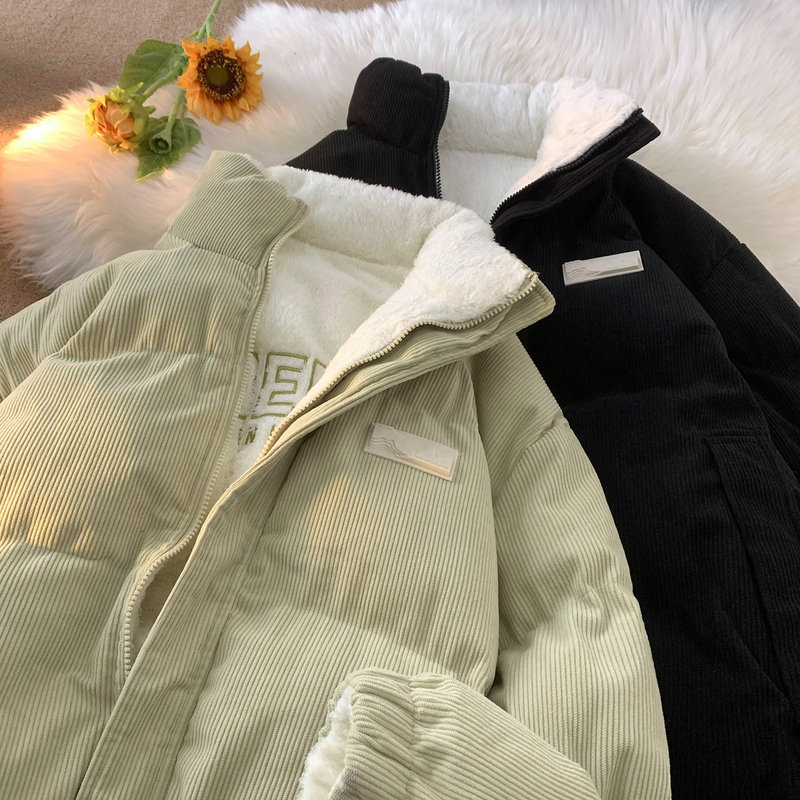 Reversible patched stand collar cotton coat for men winter corduroy jacket sherpa loose warm cotton jacket