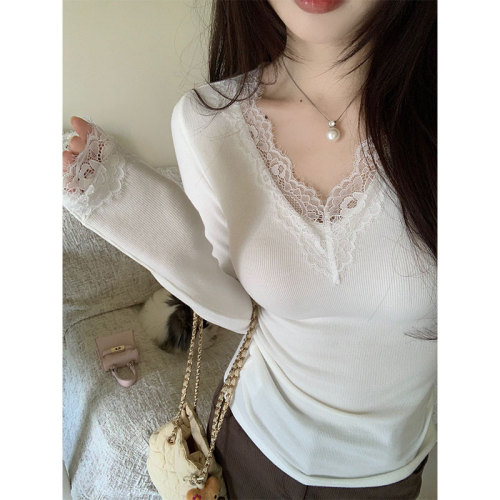 Morning Leading [Soft Touch] White Lace Ruffle V-Neck Underwear Autumn Long-Sleeved T-Shirt Women's Slimming Body Shaping Top 