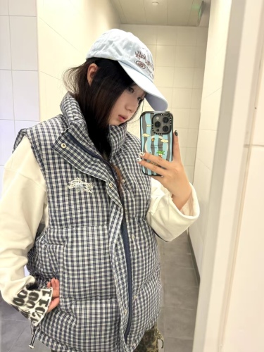 【Color-Woven Plaid】American Style Plaid Vests Cotton Women Winter Loose Embroidery Outerwear Versatile Warm Zipper