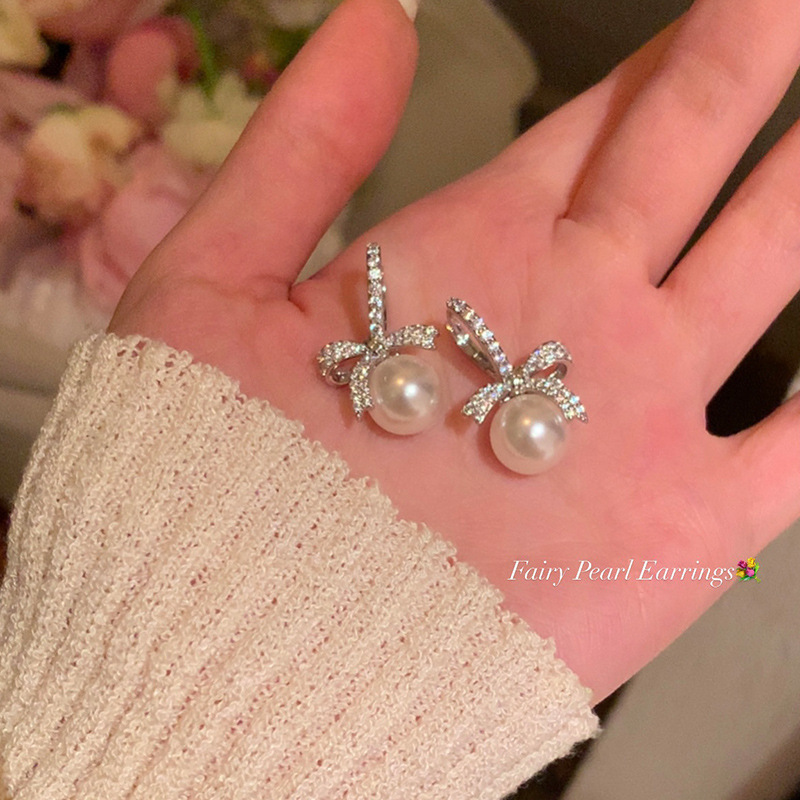 French retro bow pearl earrings temperament earrings 2024 new popular niche design high-end earrings for women