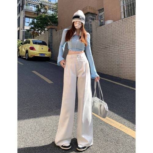 White Pleated Wide-Leg Denim Jeans for Women - Spring and Autumn New Design Sensory High-Waist Loose Slimming Casual Straight Leg Long Pants