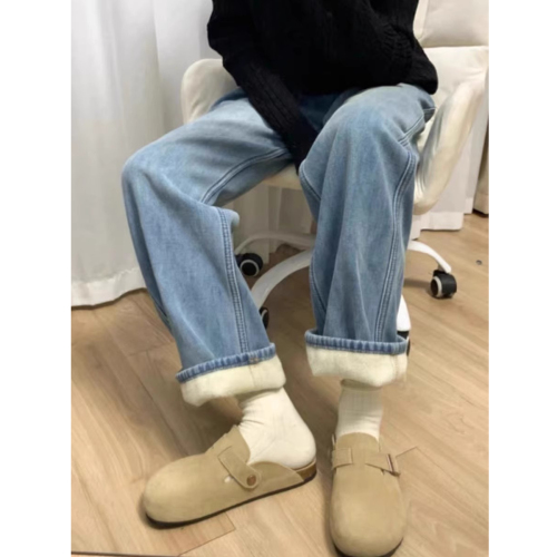 Plus Fleece Thicken Retro Blue Straight Leg Women's Jeans 2024 Autumn/Winter High-Waist Loose Slimming Wide Leg Pants