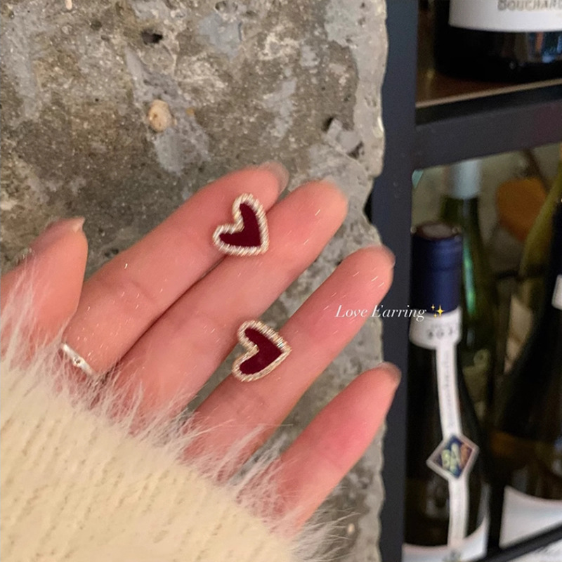 French light luxury style diamond-encrusted burgundy love earrings niche design atmosphere internet celebrity earrings ear jewelry wholesale