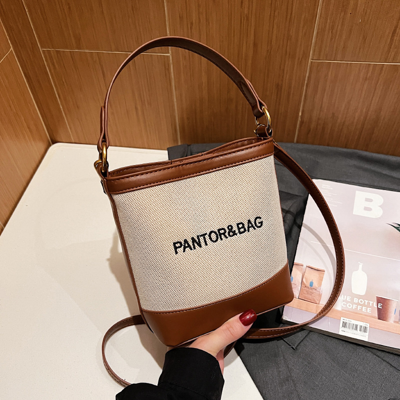Portable Bucket Bag for Women Autumn New Trendy Fashion Letter Canvas Bag Texture Niche Shoulder Messenger Bag