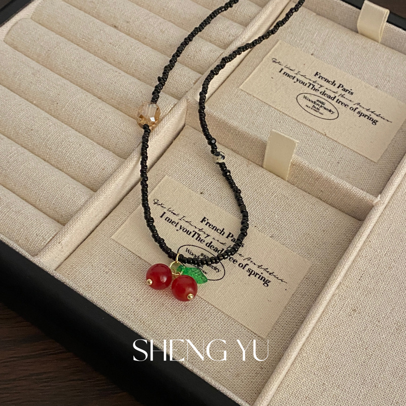Cherry Ripe Korean Cherry Beaded Necklace Small Fresh Forest Simple Autumn and Winter New Whitening Clavicle Chain for Women