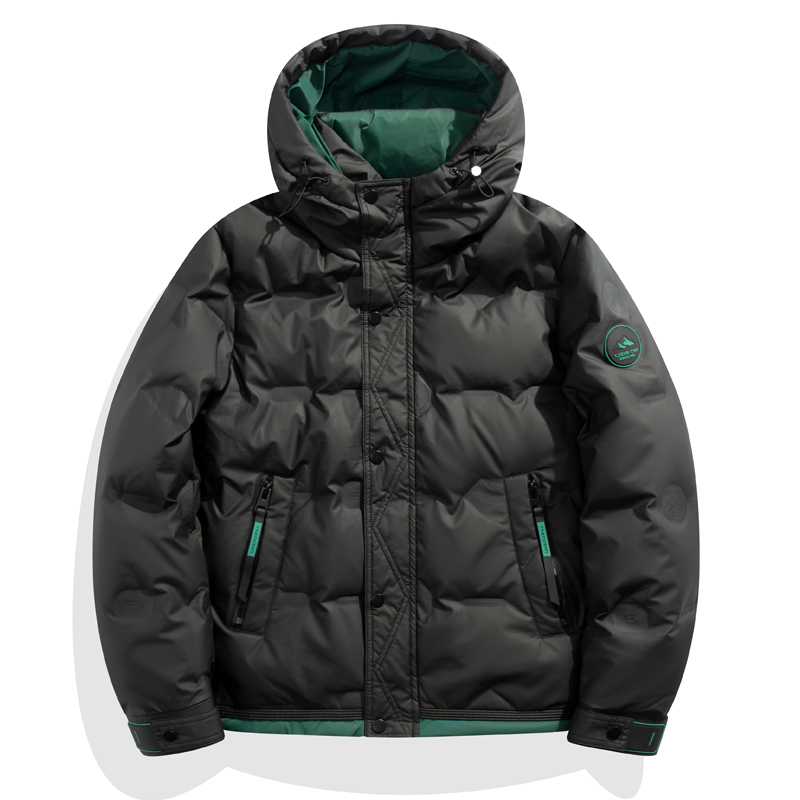 Flat lay white background new winter down jacket men's short hooded color block down jacket