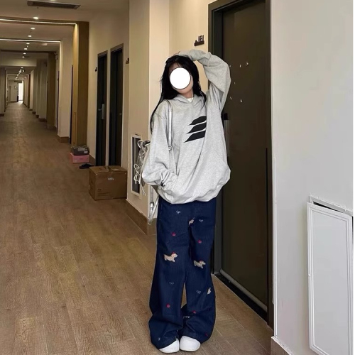 American Retro Small Dog Embroidered Patches Wide-Leg Denim Jeans for Men and Women Autumn Loose Versatile Straight Leg Floor-Length Casual Pants
