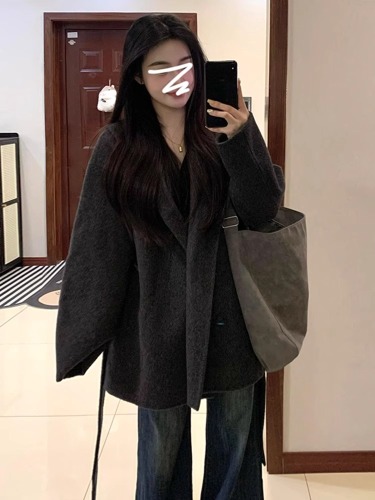 Official Image [Inner Detail] Hooded Collar Thick Autumn/Winter 2024 New Arrival High-End Gray Wool Coat for Women
