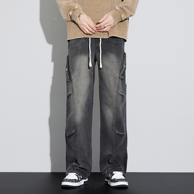ADD Men's Wear#Distressed Jeans Men's Spring and Autumn Loose Washed American Retro High Street Straight Drawstring Overalls