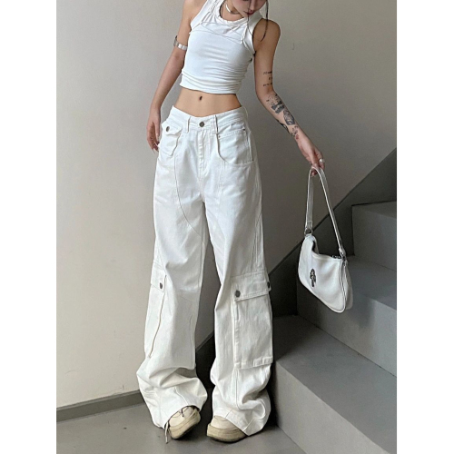 Women's Autumn High-Waisted Heavy Work Design Loose Straight Leg Over-the-Knee Bootcut Denim Pants