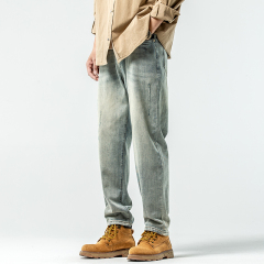 Jeans men's trousers elastic small feet retro washed scratched mid-waist retro blue