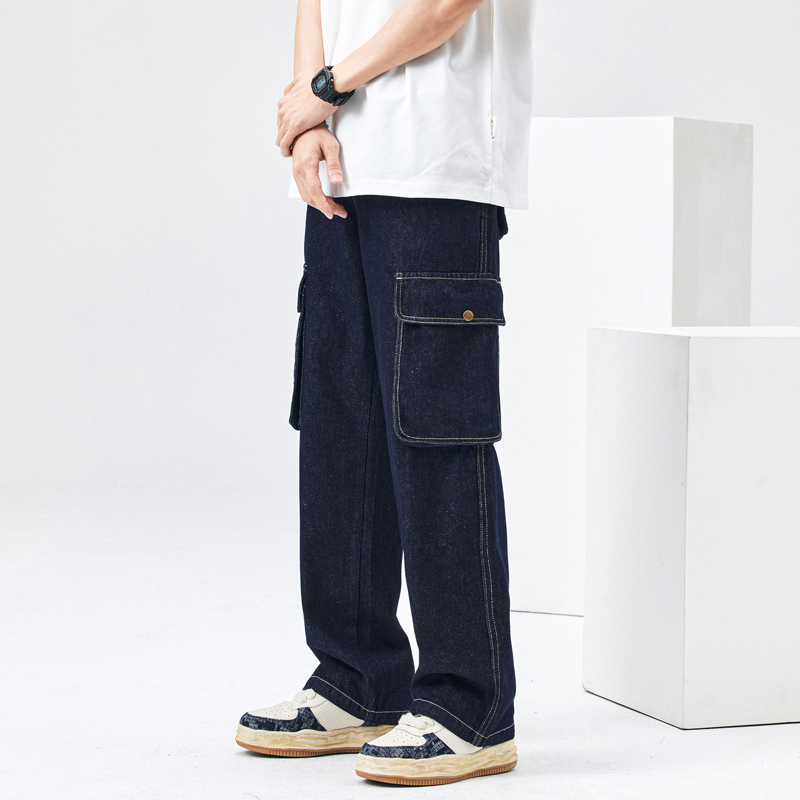 Spring American style straight wide leg multi-pocket heavy duty jeans