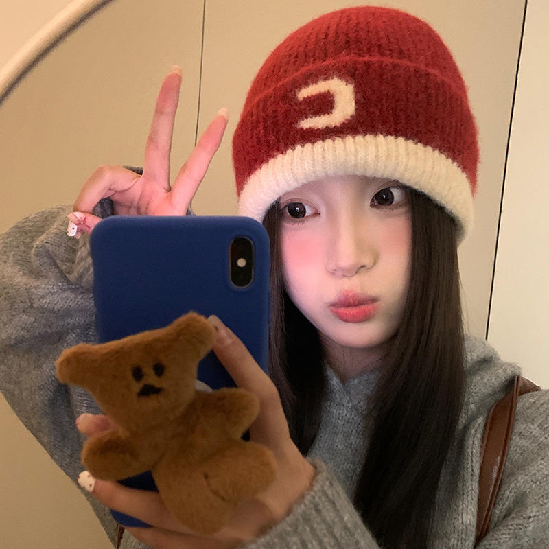 2024 autumn and winter color-blocked woolen hats for women with wool thickened warm ear protection hats large head circumference versatile knitted hats