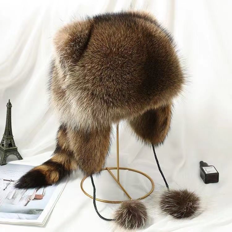 New winter raccoon hat, ear protection, fashionable tail, men's and women's hat, Lei Feng hat, imitation raccoon fur, warm parent-child hat
