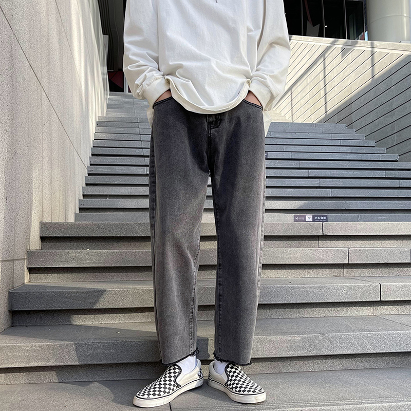 Black jeans men's loose straight casual pants autumn new raw edge nine-point pants trendy high street pants for men