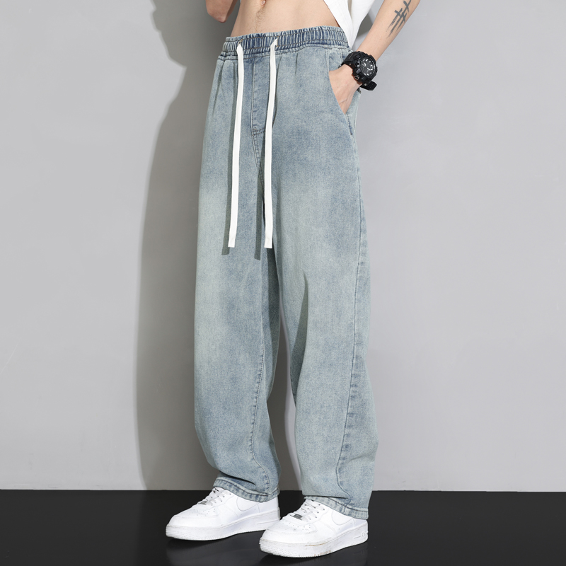 Spring and autumn elastic waist jeans for men, straight-leg loose casual trousers, trendy wide-leg, floor-length mopping trousers for men