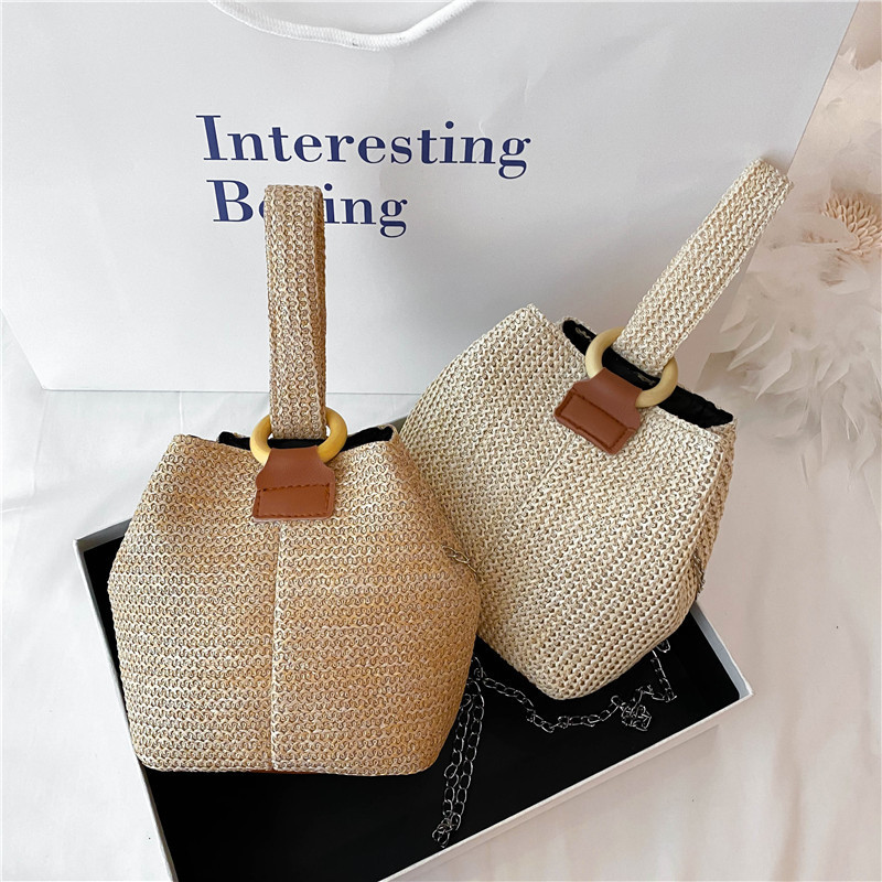New trendy crossbody bucket bag, small fresh handbag, student woven bag, forest style beach straw bag for women
