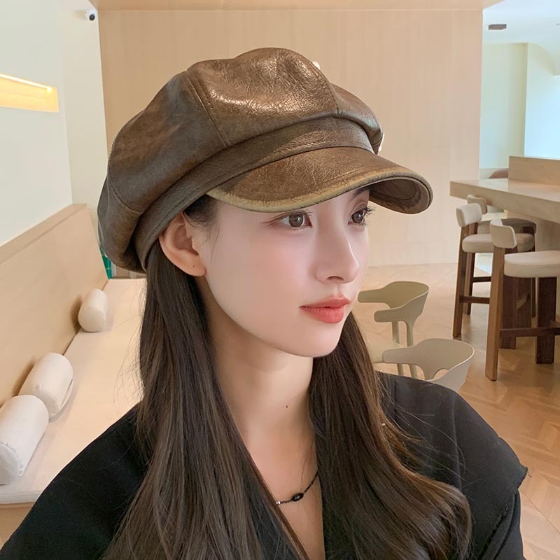 Japanese fashionable washed PU leather octagonal peaked cap for women autumn and winter literary retro warm painter's hat