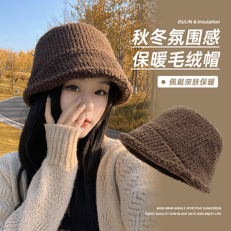 Lamb velvet fisherman hat for women 2024 new autumn and winter large head circumference furry bucket hat thickened warm ear protection basin hat