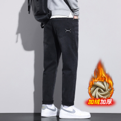 Thickened and velvet autumn and winter new stretch jeans for men slightly loose small straight-leg jeans