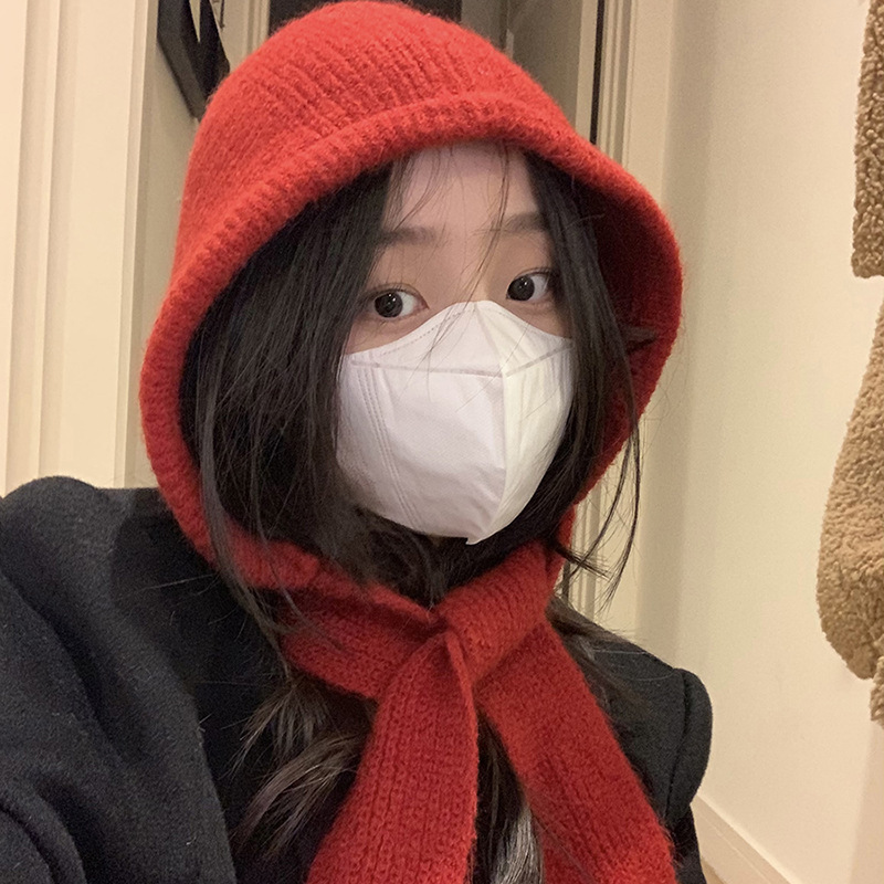 Autumn and winter mohair balaclava women's knitted hat scarf integrated head protection ear protection windproof warm little red hat