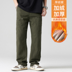 Military green logging overalls men's trendy straight casual pants trendy American winter cleanfit fleece pants