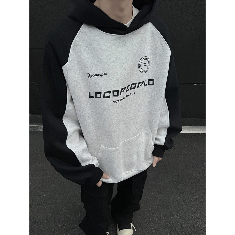 /Hong Kong style loose patchwork printed contrast hooded sweatshirt