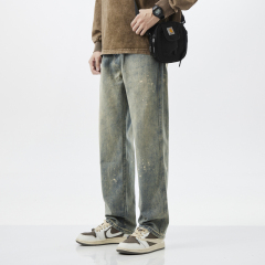 Spring and summer new blue five-pocket old straight jeans with dots, blue