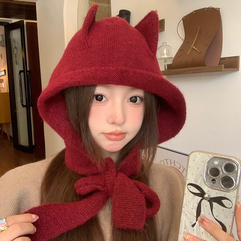 Wool balaclava hat for women autumn and winter cat ear scarf integrated hat warm ear protection knitted woolen hat