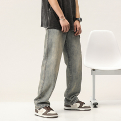 American high street yellow mud-colored workwear jeans, retro trendy brand loose and handsome straight wide-leg spring pants