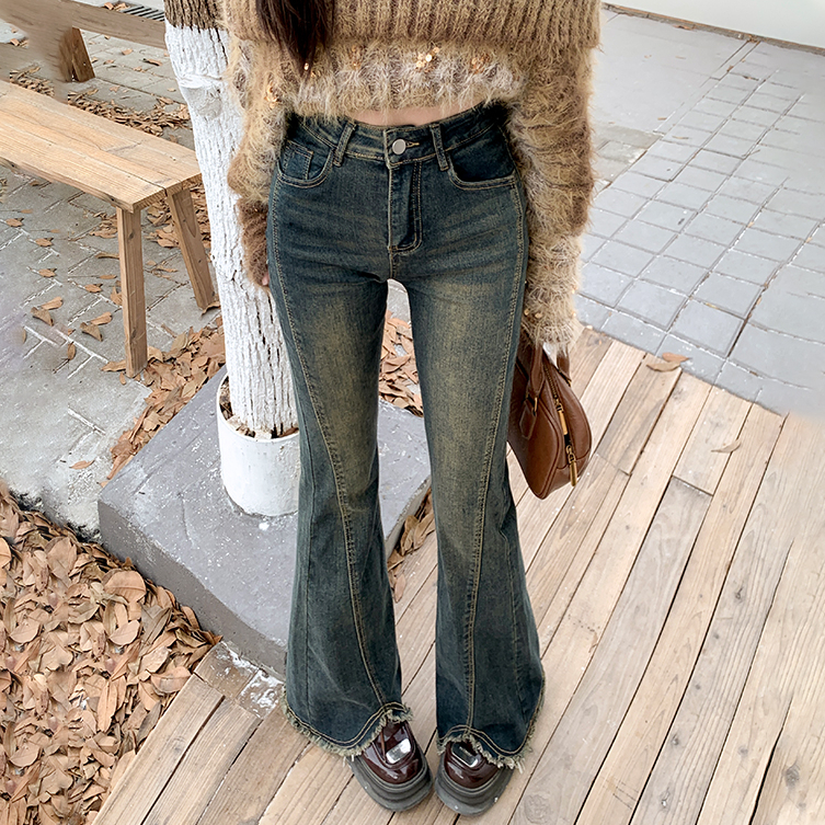 Retro blue bootcut jeans for women in autumn new high-waisted slim fit horseshoe pants with raw edges