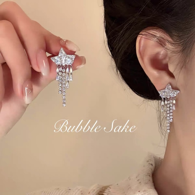 Korean design, versatile, micro-paved zircon star tassel earrings, fashionable, luxurious, high-end commuter earrings for women