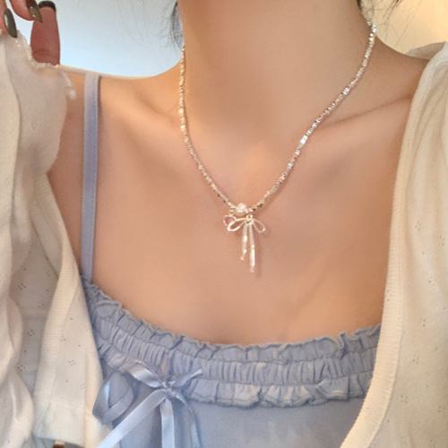Broken silver metal bow love pearl necklace women's niche design personality versatile high-grade neck chain clavicle chain